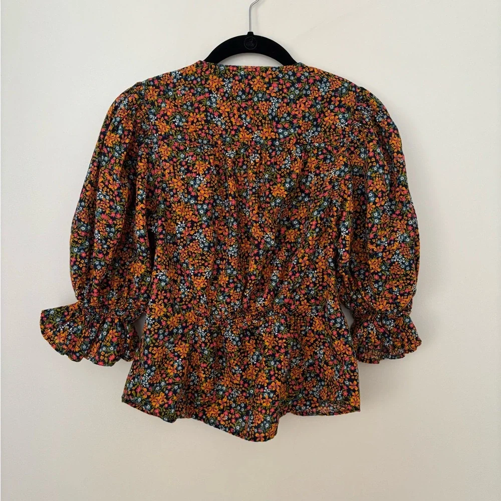 Free People Navy Floral Puff-Sleeve Button Blouse